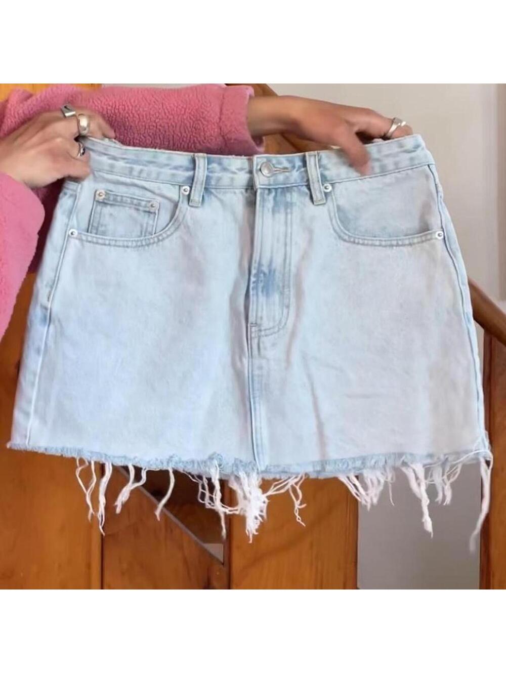 Meshki light blue denim mini skirt with frayed hem Size S